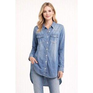 BD Collection Women's Blue Button Up Top Hi Low Long Sleeve Size L